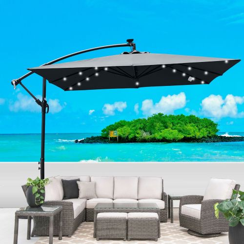 Square 2.5X2.5M Outdoor Patio Umbrella Solar Powered LED Lighted Sun Shade Market Waterproof 8 Ribs Umbrella with Crank and Cross Base for Garden